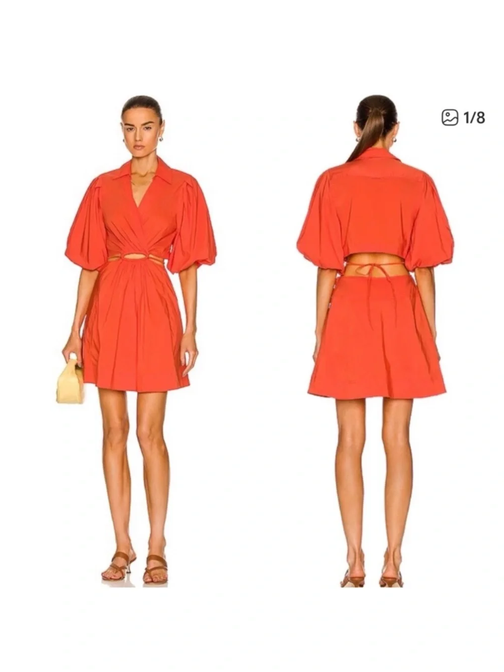 Jonathan Simkhai Aulora Cut‎ Out Mini Orange Puff-Sleeve Mini Dress Womens XS